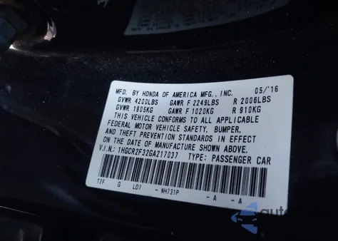 2016 Honda Accord Lx from USA, damaged, VIN 1HGCR2F32GA217037